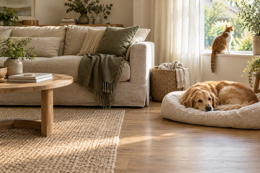 A dog resting beside a linen sofa and a cat watching from a sunny window