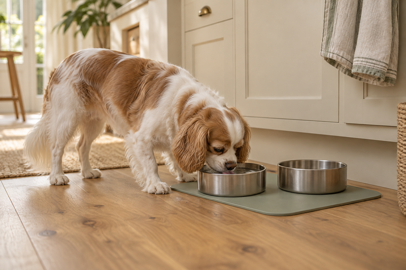 A small dog drinking from a bowl in a tidy kitchen feeding corner