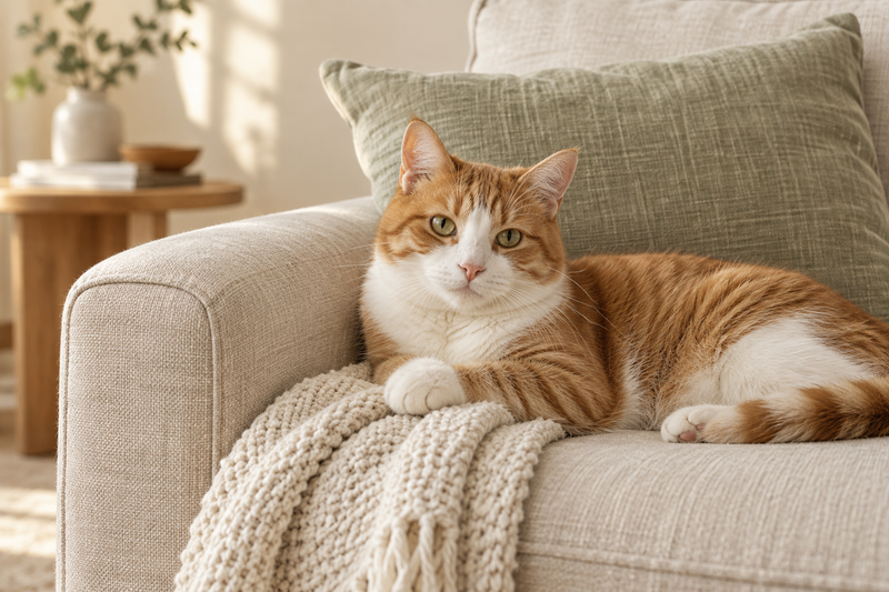A ginger-and-white cat resting on an ivory throw beside a sage cushion