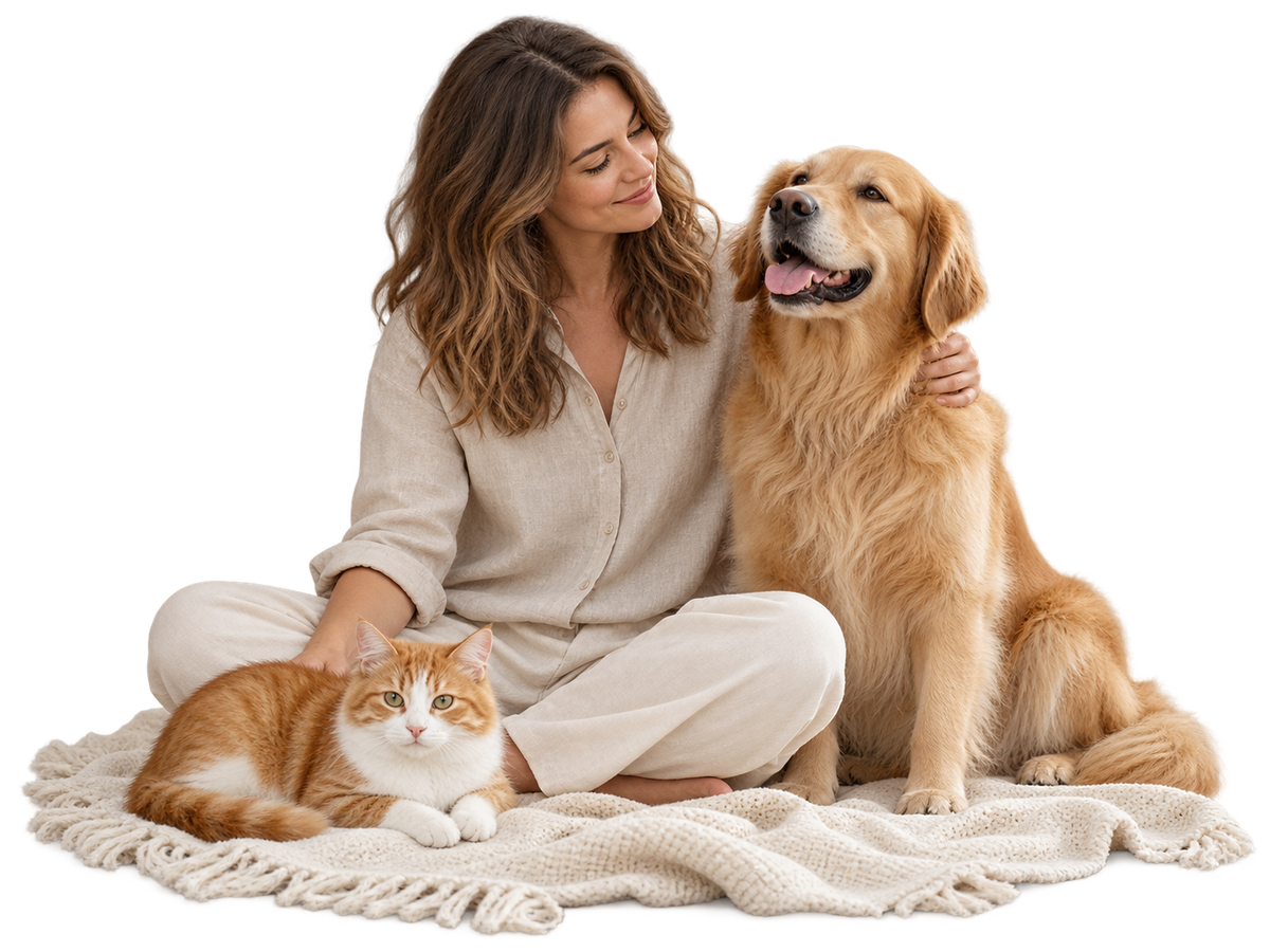 A woman sitting comfortably with a golden retriever and a ginger-and-white cat