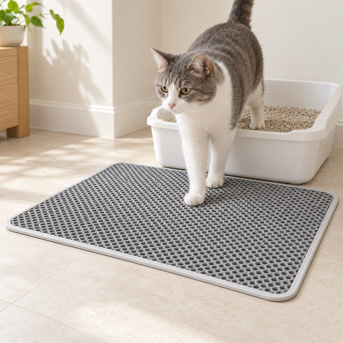 Cat stepping onto the elegant gray litter mat
