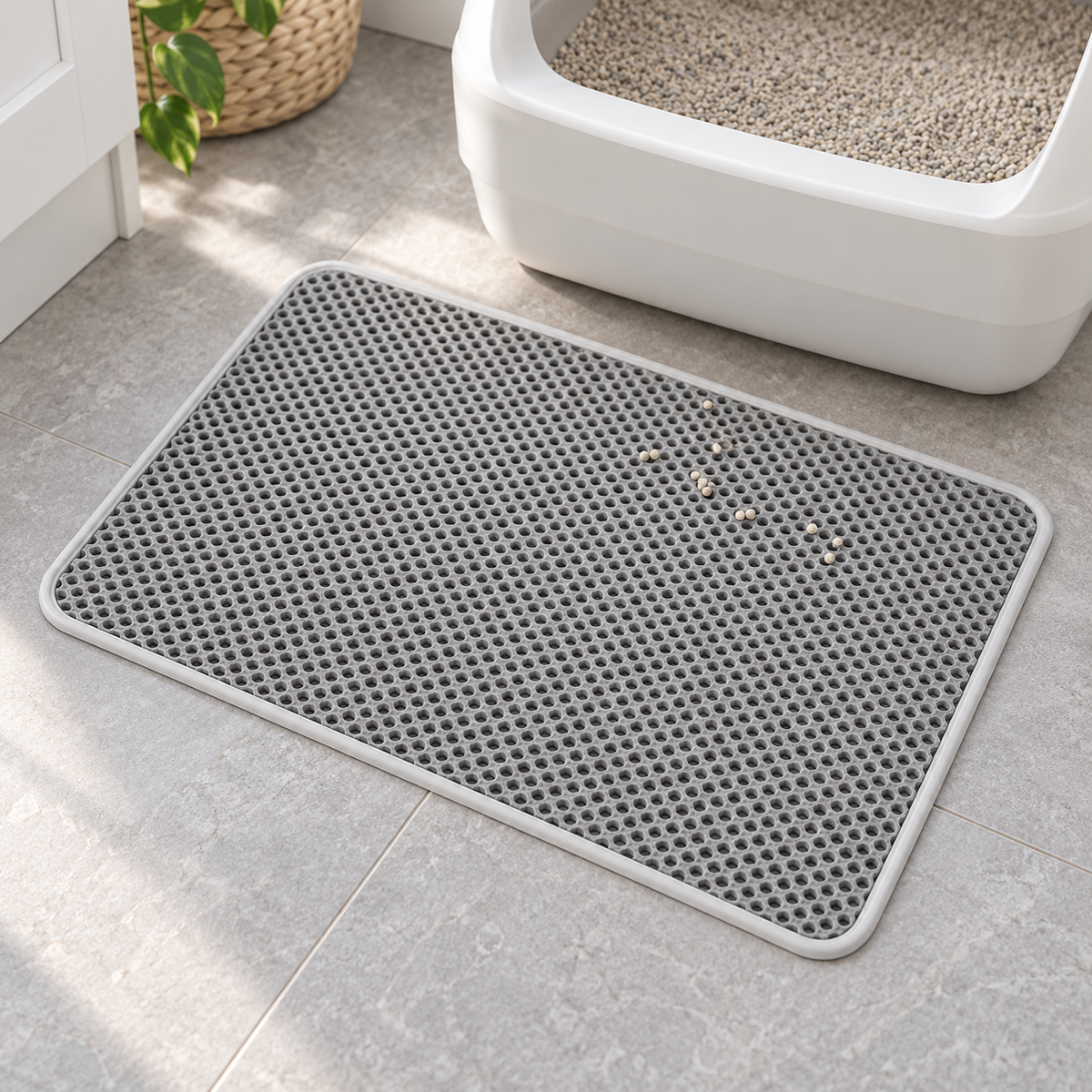 Elegant gray litter mat placed before a litter tray