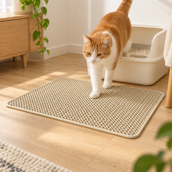 Cat stepping onto the khaki litter mat