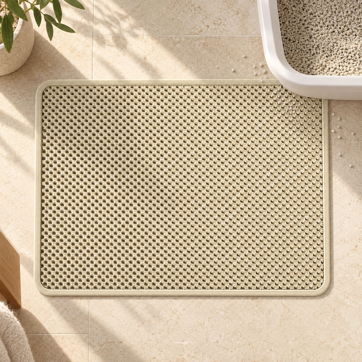 Khaki litter mat placed before a litter tray