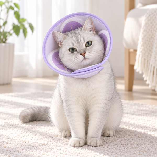 Cat wearing lavender soft recovery collar