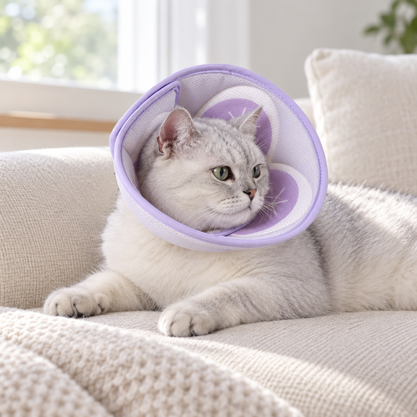 Cat resting at home in the lavender recovery collar