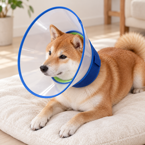 Dog wearing blue and green recovery cone
