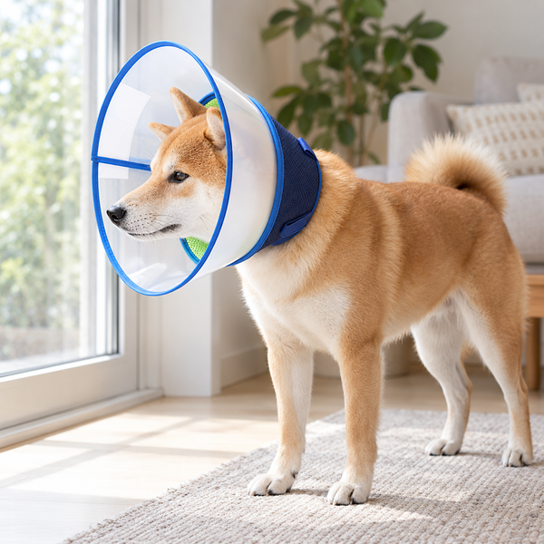 Dog wearing the recovery cone in a bright home