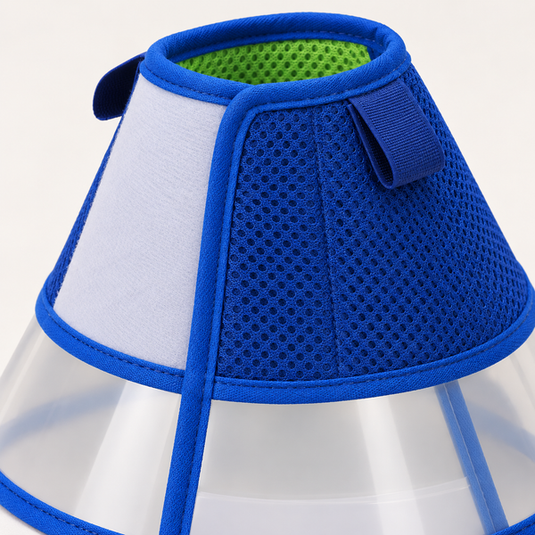 Blue breathable mesh and clear dog cone material detail