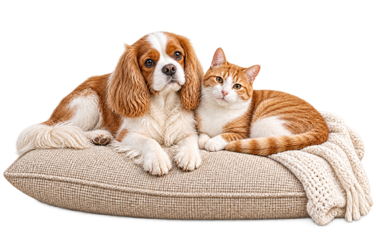A spaniel and a ginger-and-white cat resting together on a woven cushion