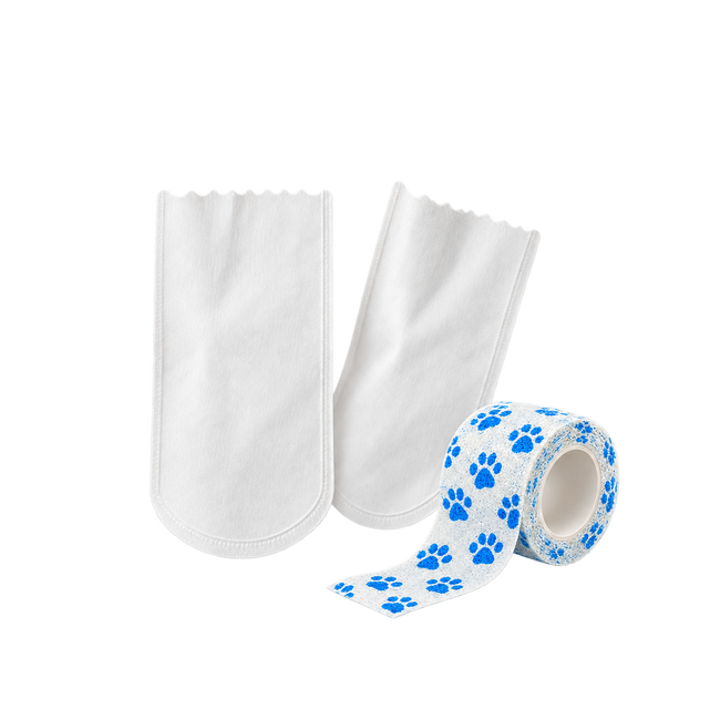Blue paw print disposable pet paw covers with fastening wrap