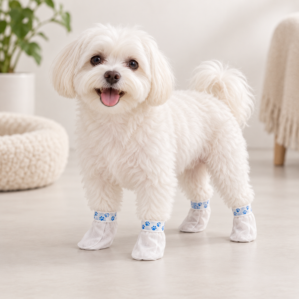 Dog wearing blue paw print disposable paw covers