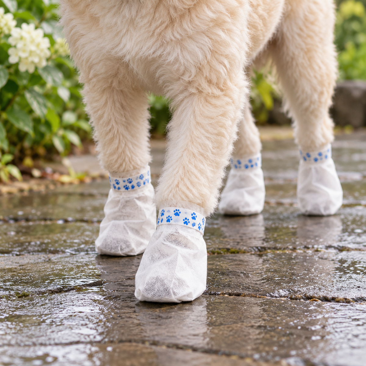 Blue paw print pet paw covers on a damp garden path