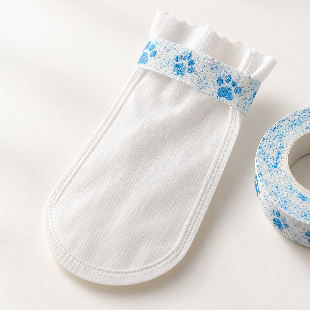 White nonwoven paw cover and blue paw print wrap detail