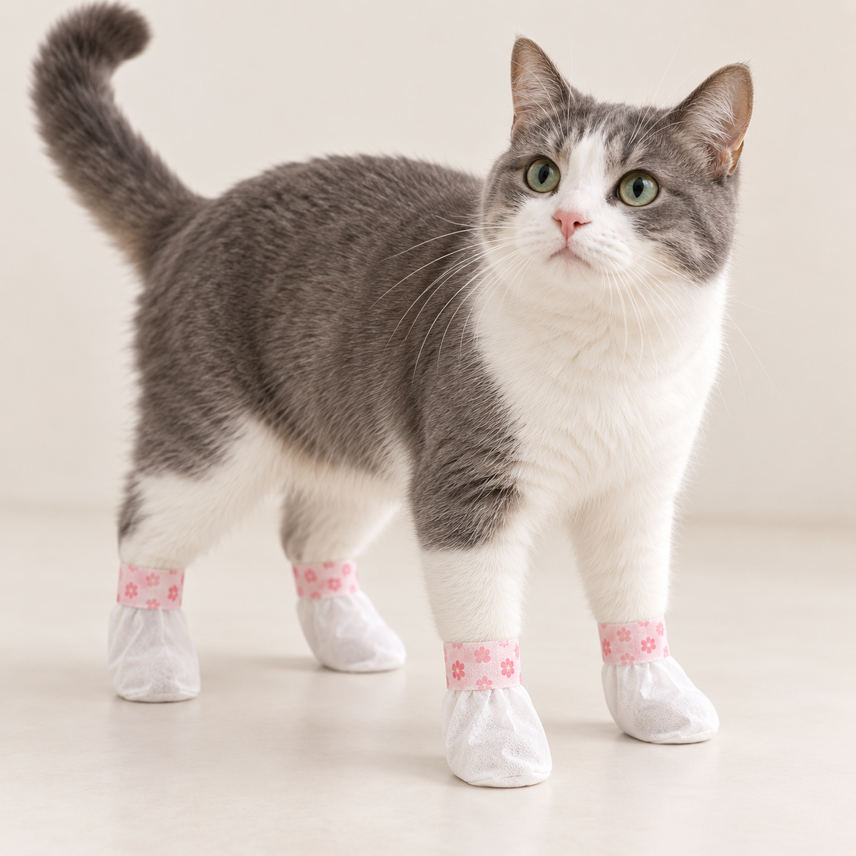 Cat wearing pink floral disposable paw covers