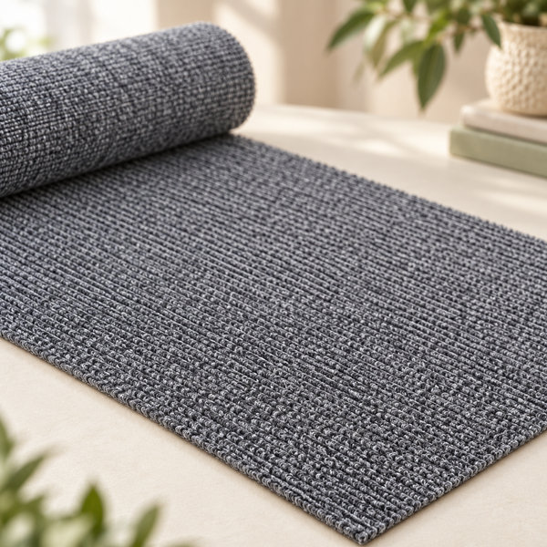 Close-up of the grey scratch protection mat's ribbed woven texture