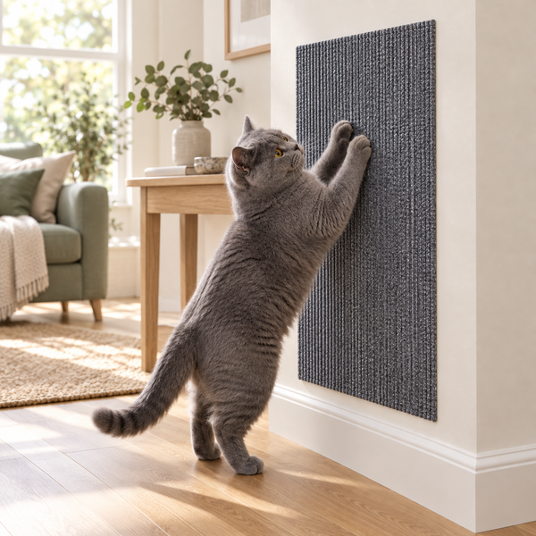A grey cat using the self-adhesive scratch protection mat on a wall