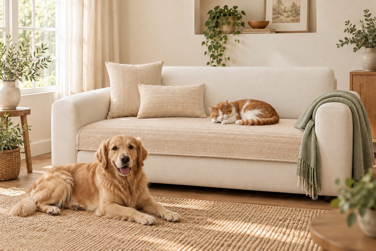 A cat on a beige woven sofa protector and a golden retriever resting in a sunlit living room
