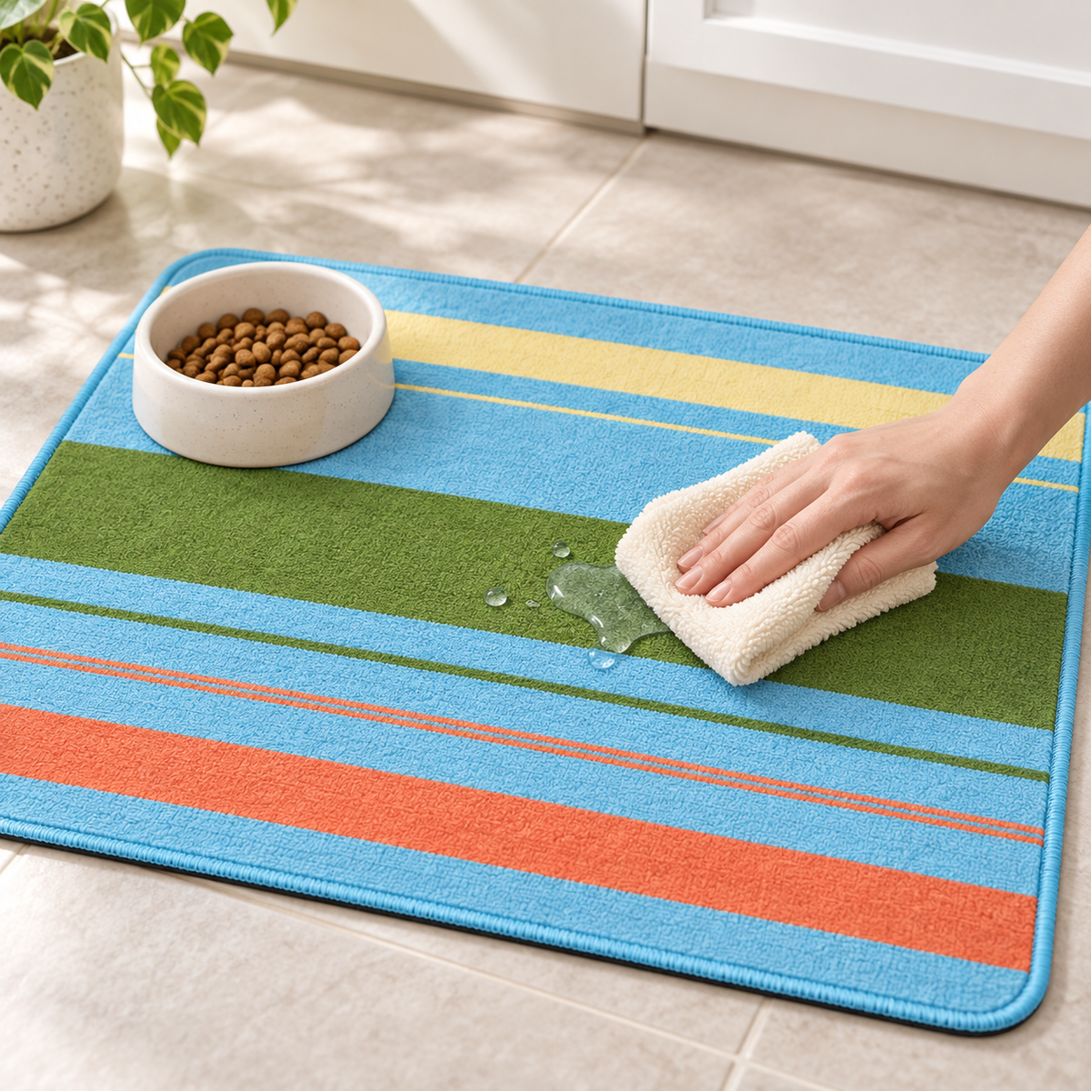 Green striped pet feeding mat being wiped clean