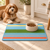Green striped pet feeding mat with a dog and food bowl