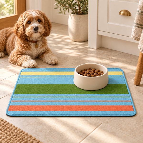 Green striped pet feeding mat with a dog and food bowl