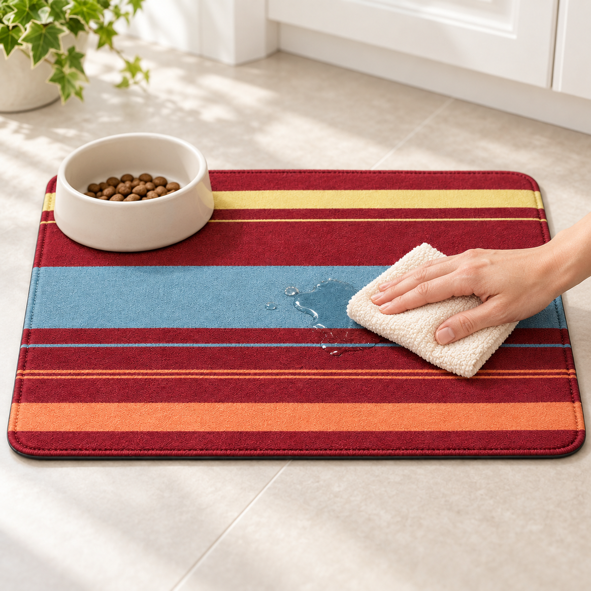 Orange striped pet feeding mat being wiped clean