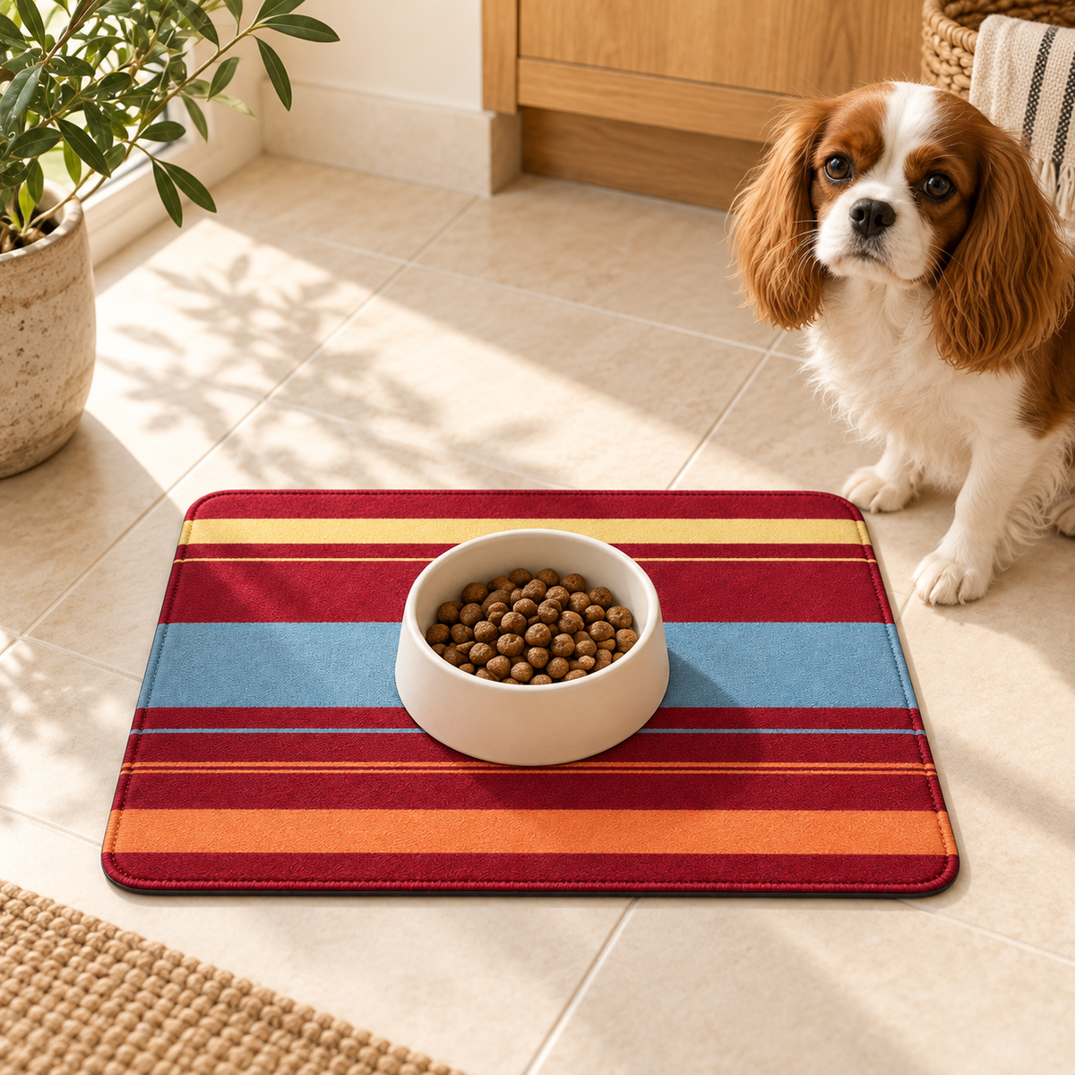 Orange striped pet feeding mat with a dog and food bowl