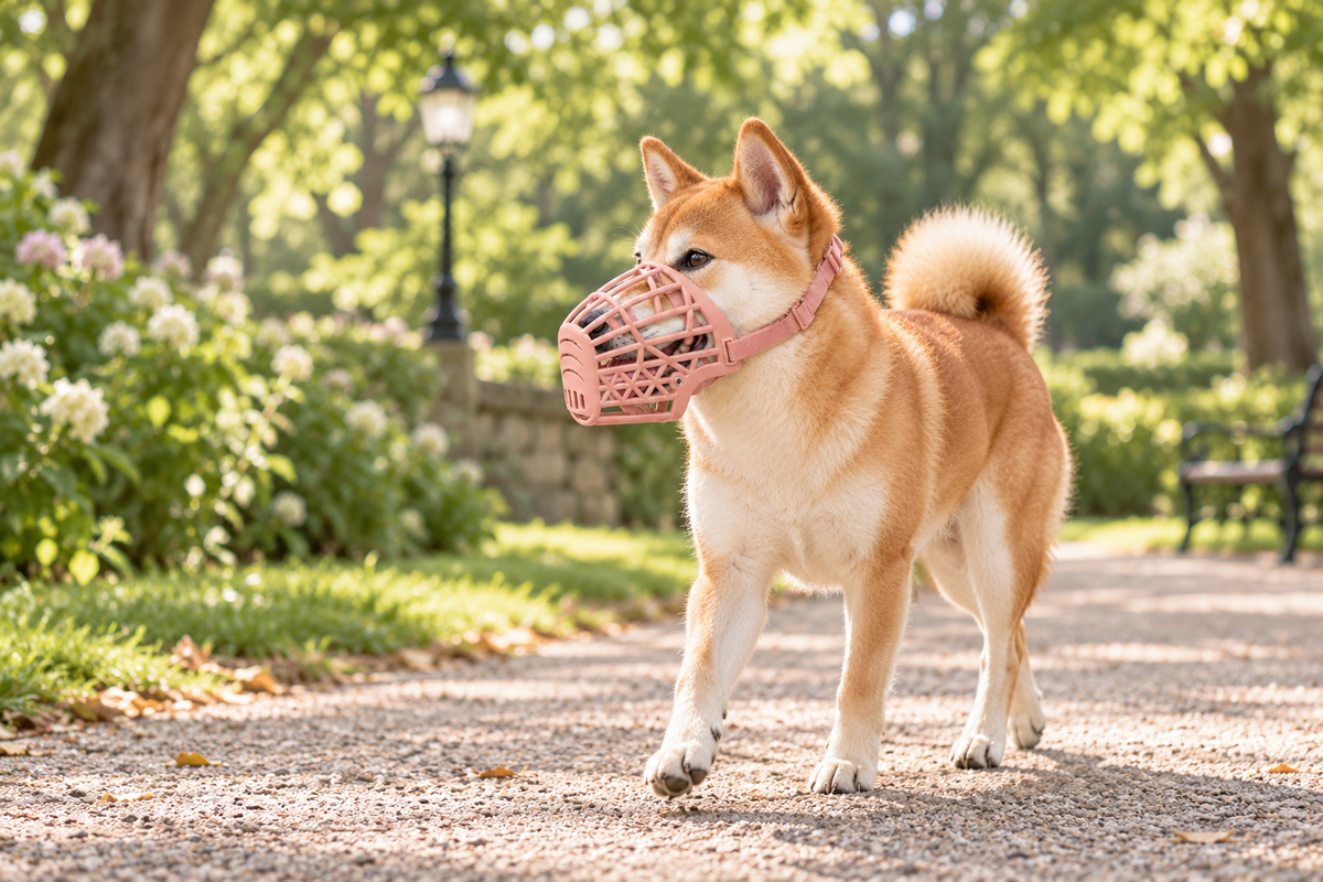 A Shiba walking along a leafy park path wearing an adjustable pink basket muzzle