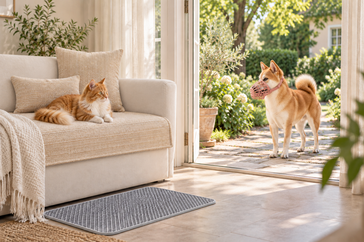 A cat on a protected sofa beside a honeycomb litter mat, with a dog wearing a pink basket muzzle in the garden