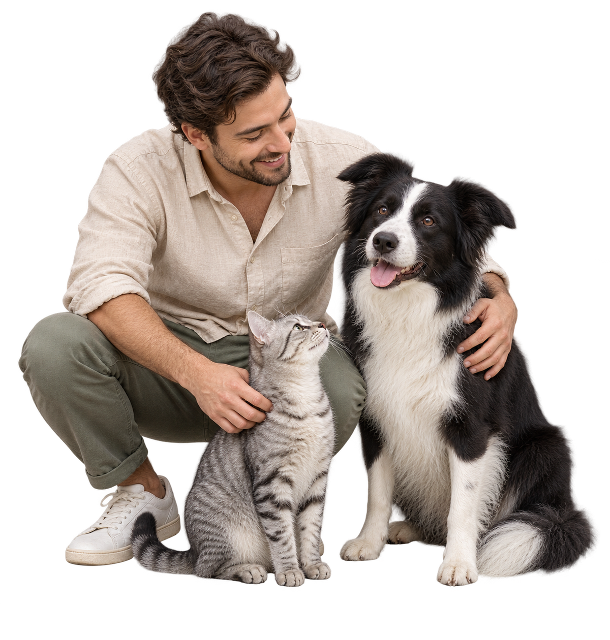 A man sharing a relaxed moment with a black-and-white border collie and a silver-grey cat